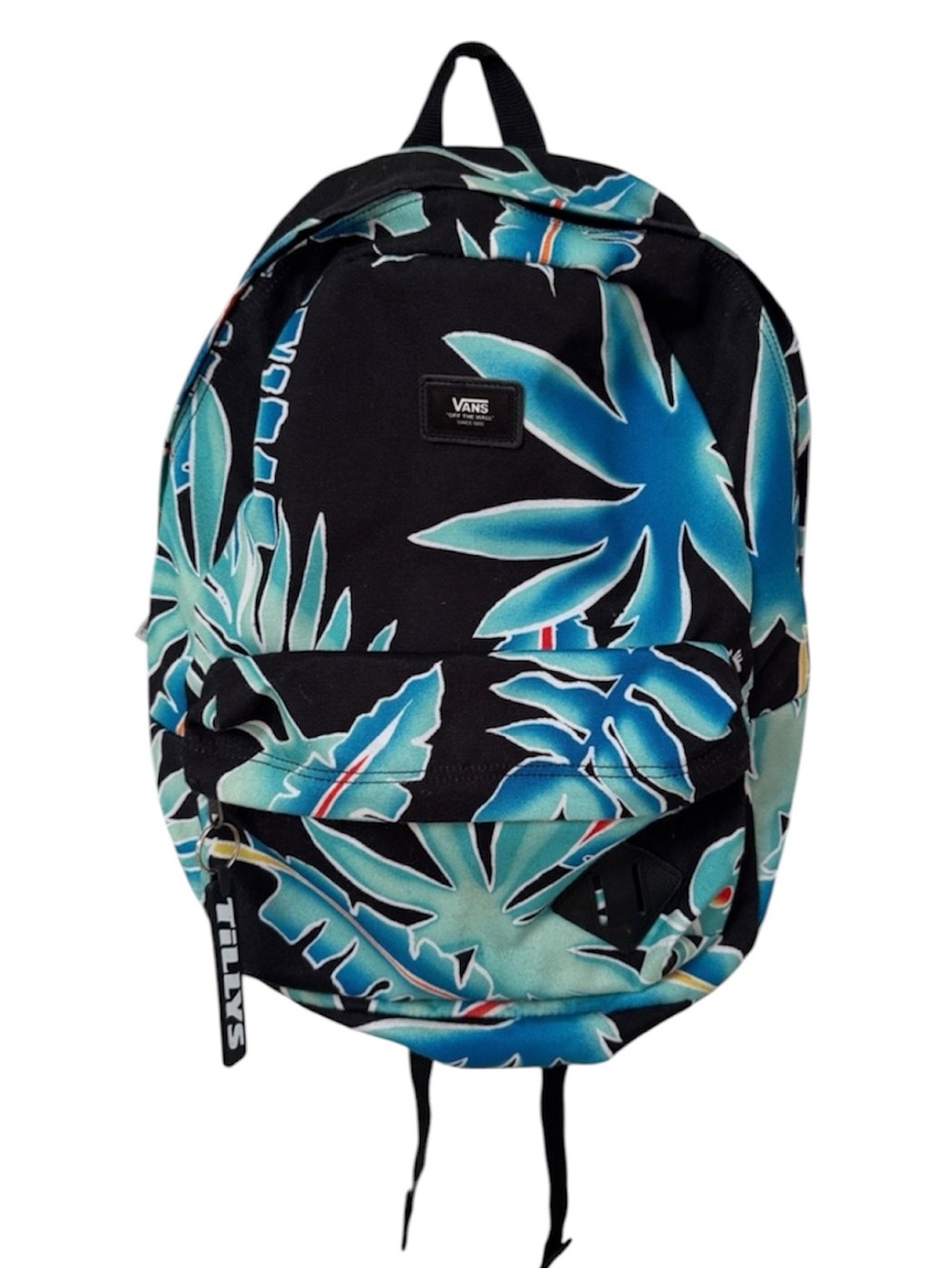 Vans Black Backpack with Blue Tropical Leaf Print